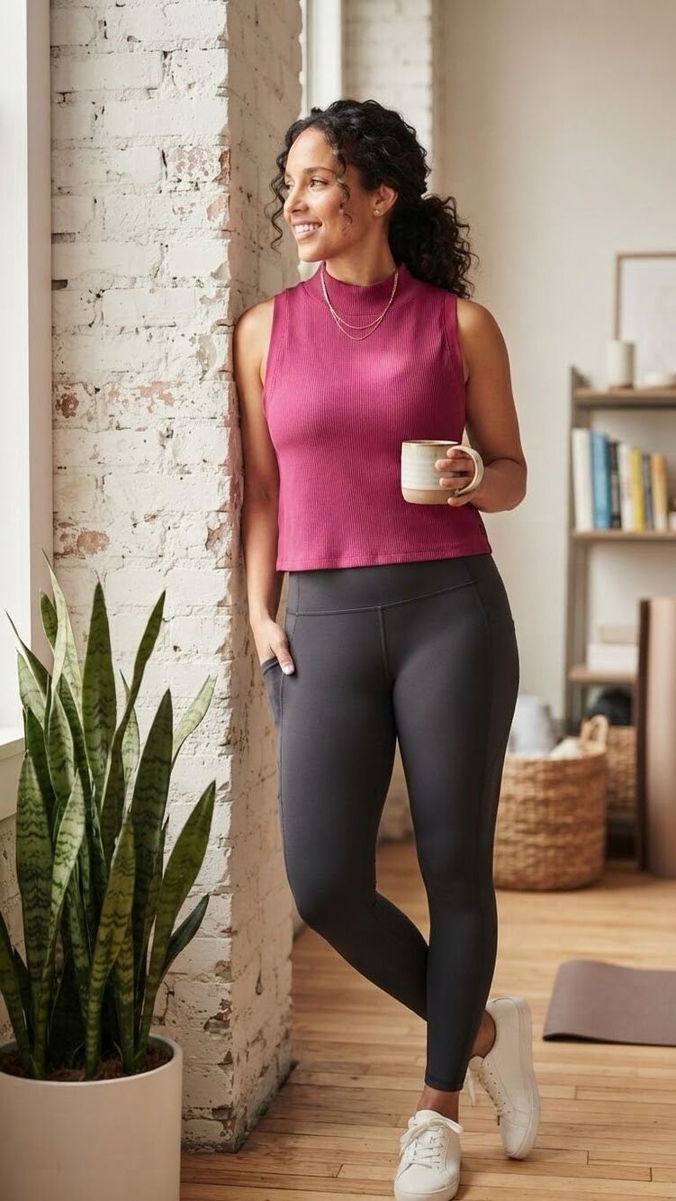 Athleta x Alicia Keys Ribbed Mock Neck Tank Top Magenta Pink Size 1X Activewear